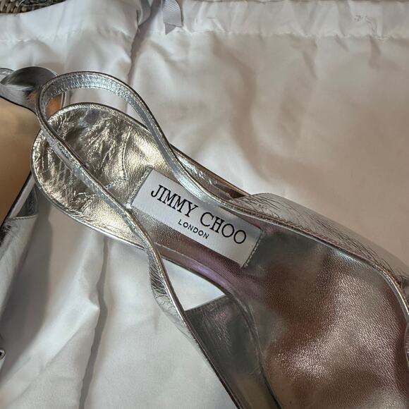 Jimmy Choo Staz 70MM Bow-Embellished Leather Slingback Pumps Silver Size 38 - Picture 9 of 9